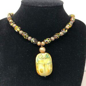 Carved Scarab Beetle Egyptian Revival Hieroglyphic Pendant Vintage Necklace